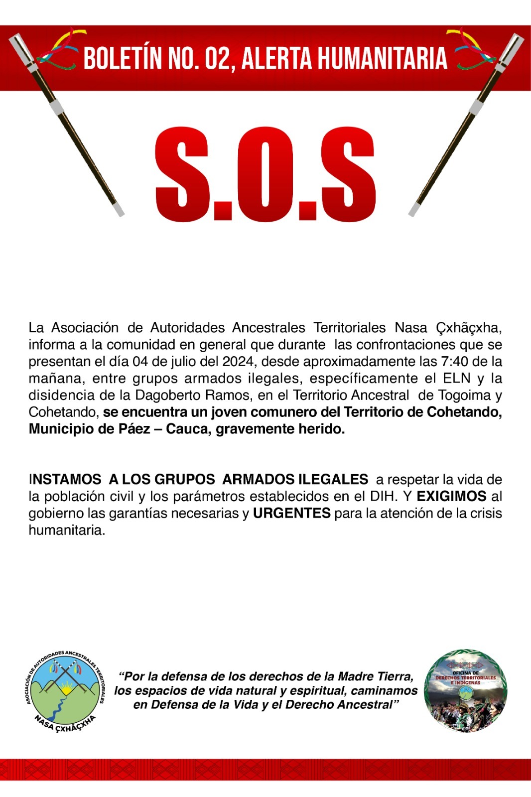 BOLETÍN No. 02, ALERTA HUMANITARIA